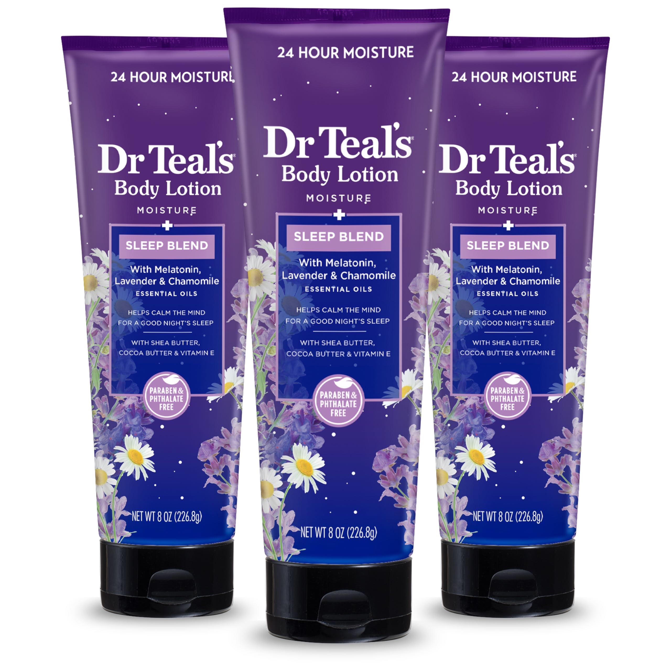 Dr Teal's vista frontal del envase Sleep Body Lotion mostrando diseño y tamaño
