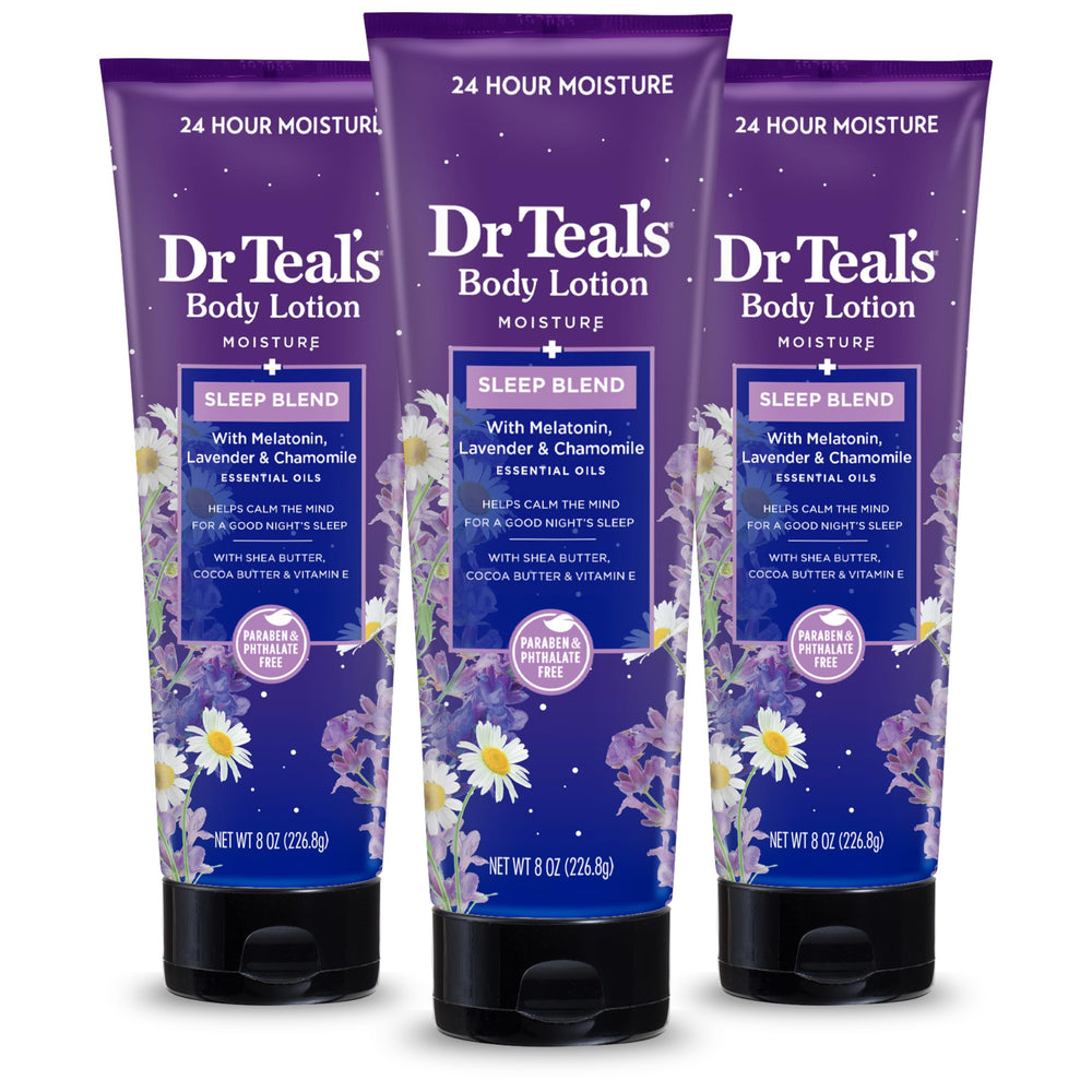 Dr Teal's vista frontal del envase Sleep Body Lotion mostrando diseño y tamaño