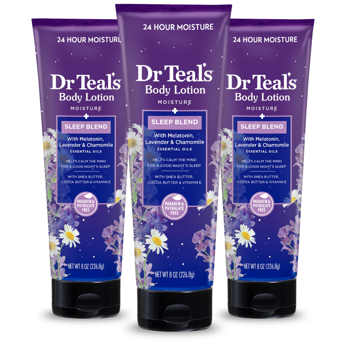 Dr Teal's vista frontal del envase Sleep Body Lotion mostrando diseño y tamaño