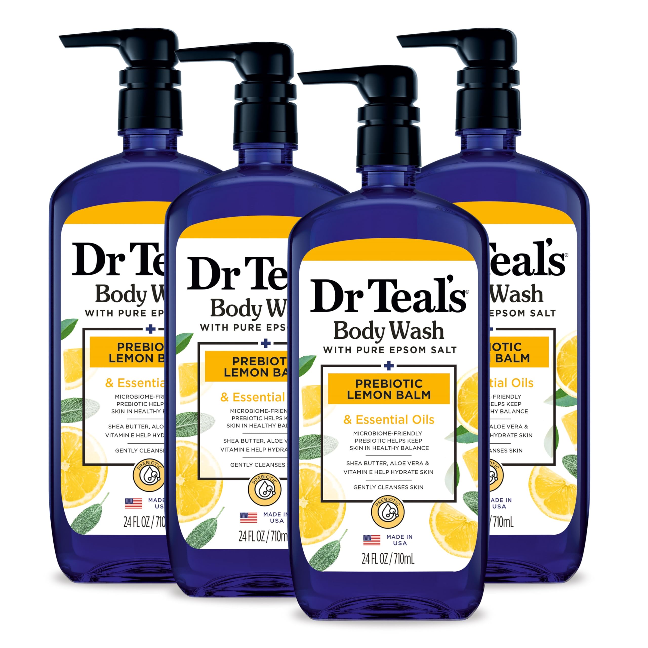 Dr Teal's vista frontal del pack de cuatro botellas grande, limpieza eficaz