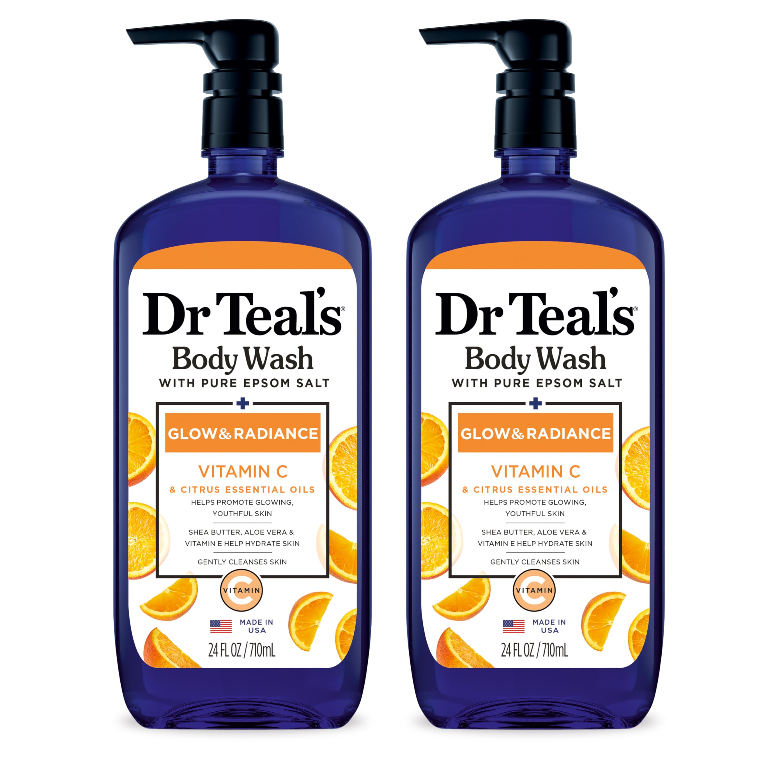 Dr Teal's vista frontal del pack de dos geles de ducha para hidratación y brillo