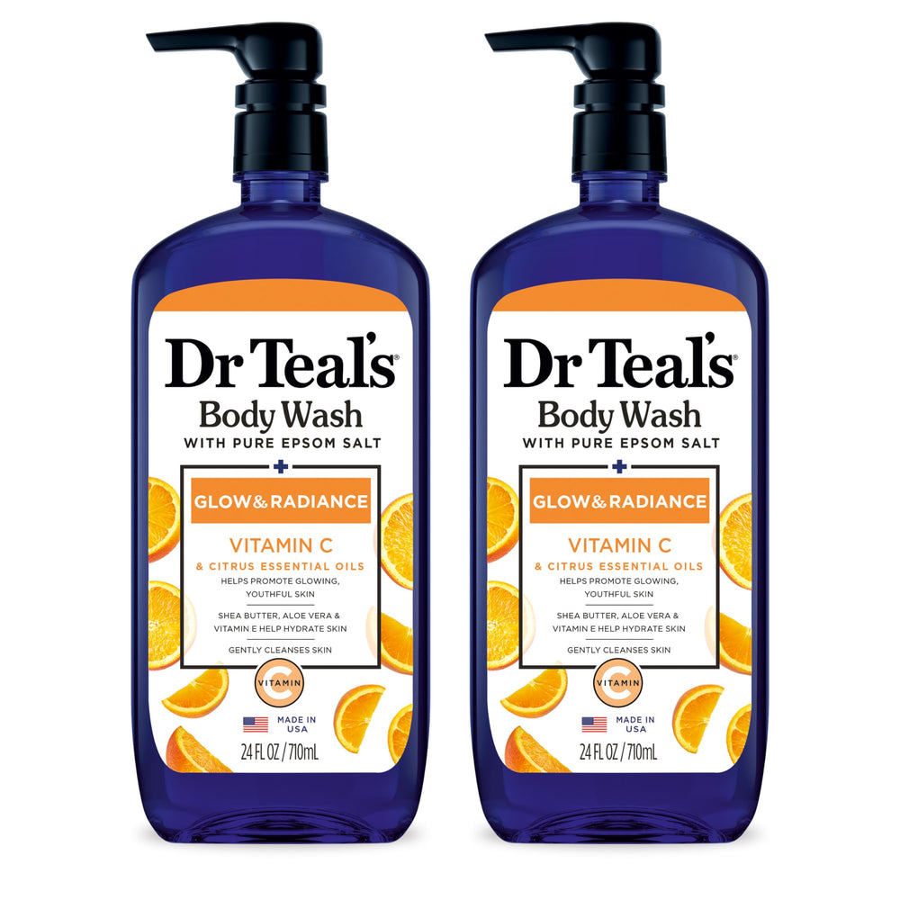 Dr Teal's vista frontal del pack de dos geles de ducha para hidratación y brillo