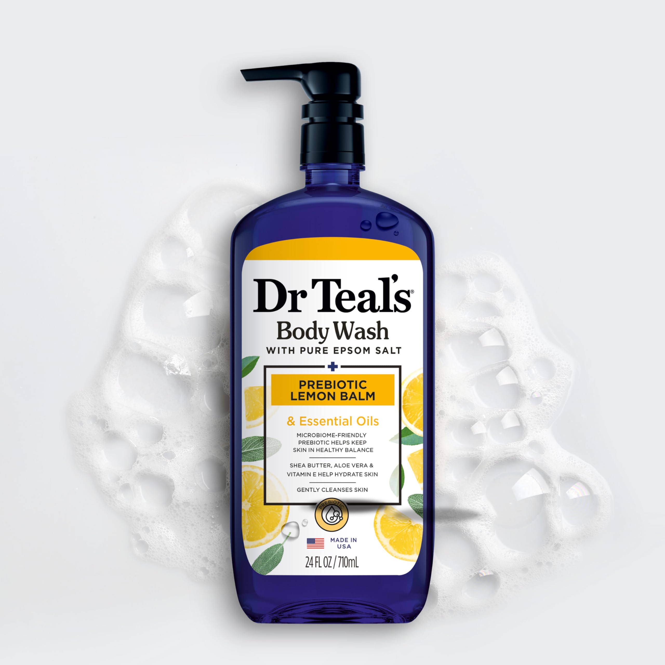 Dr Teal's ingredientes destacados: sal de Epsom, manteca de karité y vitamina E