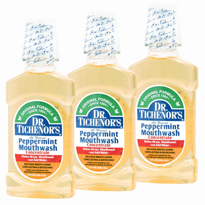 Dr. Tichenor's frontal del envase mostrando la botella y etiqueta clara