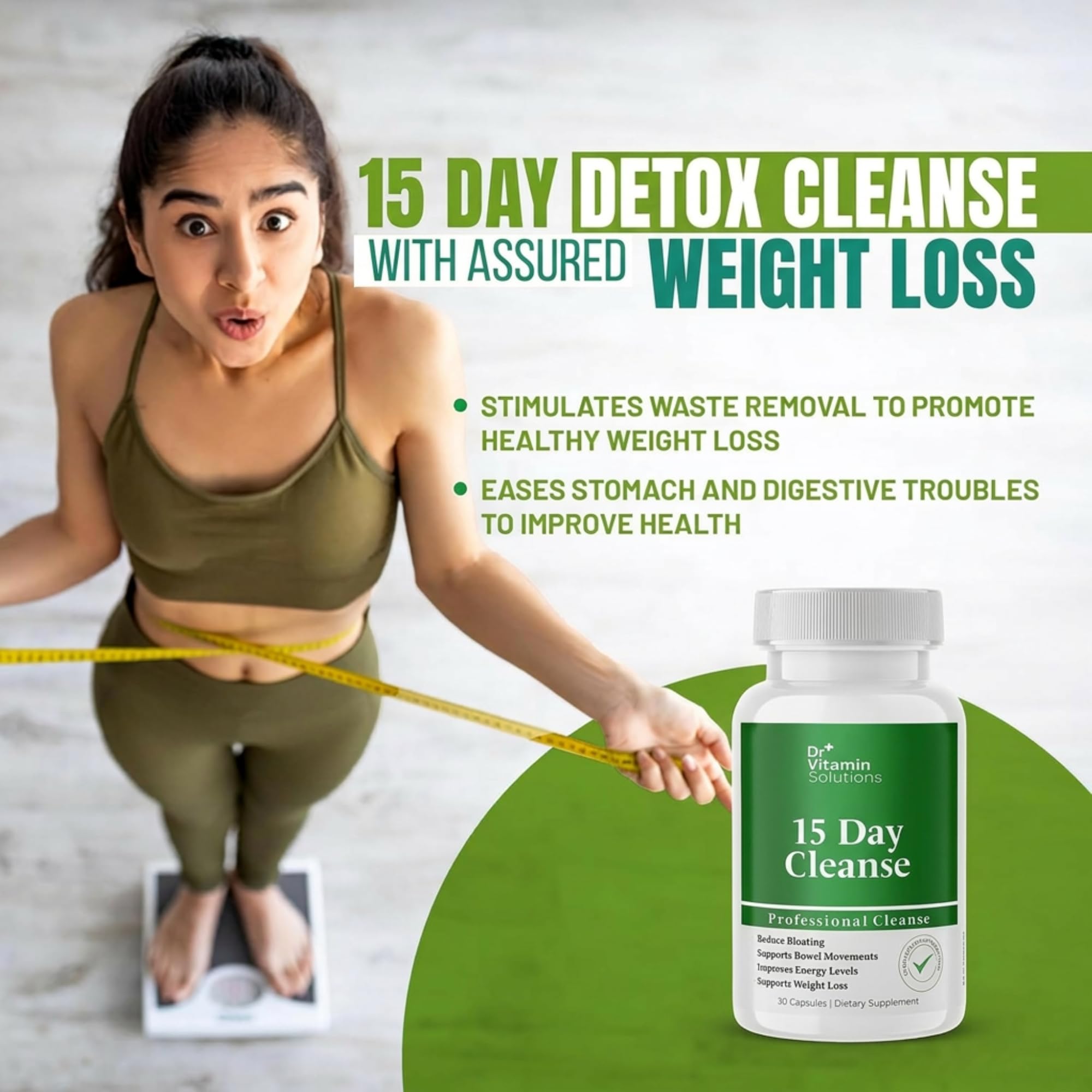 DR VITAMIN SOLUTIONS cápsula junto a una regla para comparar tamaño