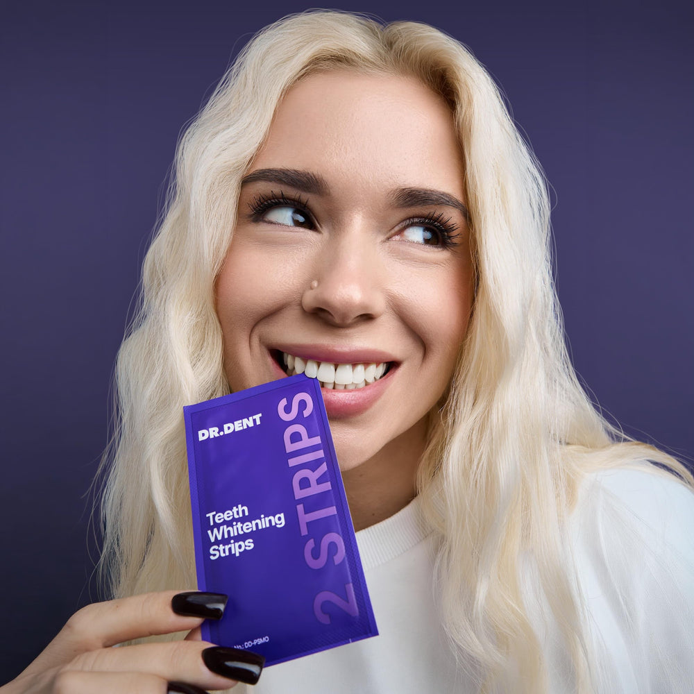 DrDent empaque abierto con tiras listas para usar y aspecto profesional