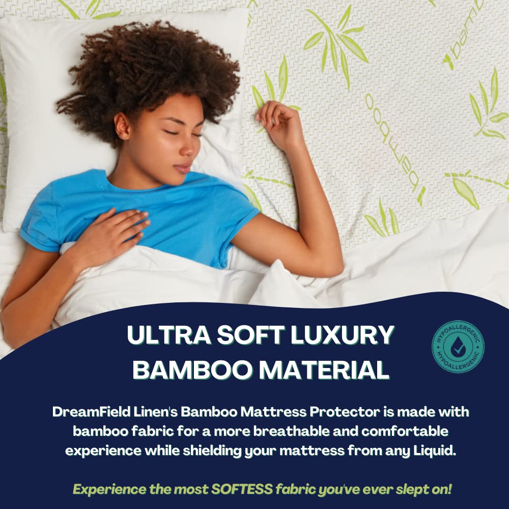 DreamField Linen protector puesto en cama con sábanas, aspecto natural y cómodo
