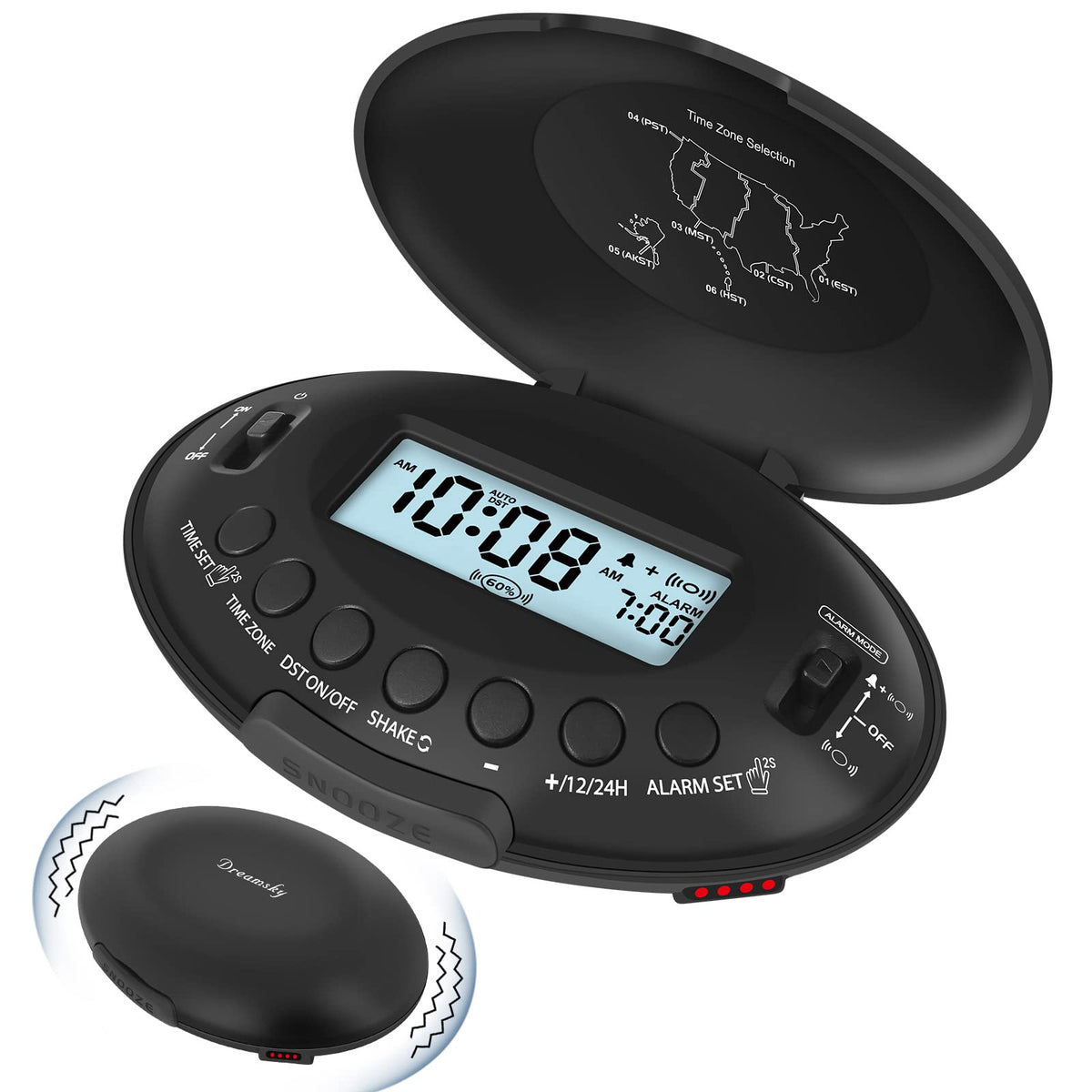 DreamSky dispositivo frontal con alarma visible y diseño compacto beneficio despertar fiable