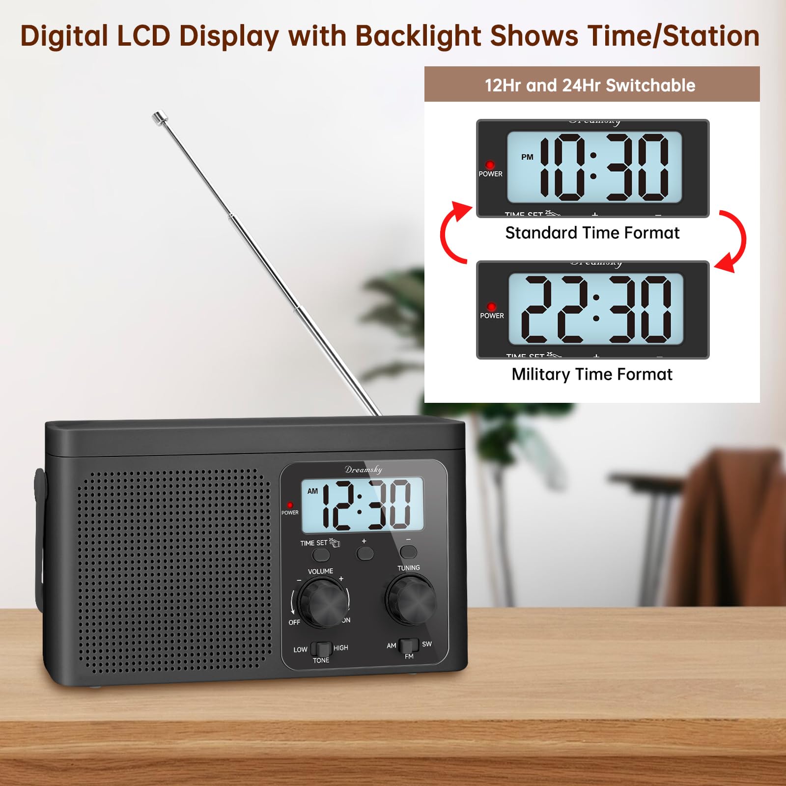 DreamSky pantalla LCD iluminada mostrando hora y frecuencia, lectura fácil