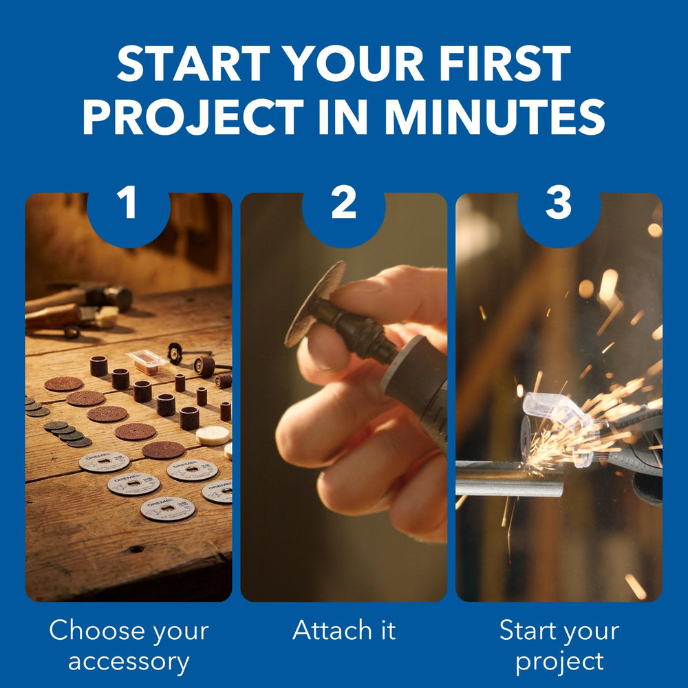 Dremel 40 accessories laid out to show variety for cutting, sanding, grinding and polishing