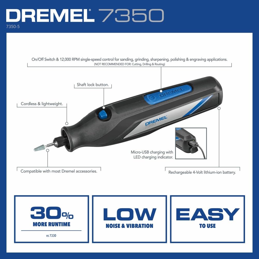 Dremel 7350 mostrando cable USB‑C, llave y cinco accesorios incluidos