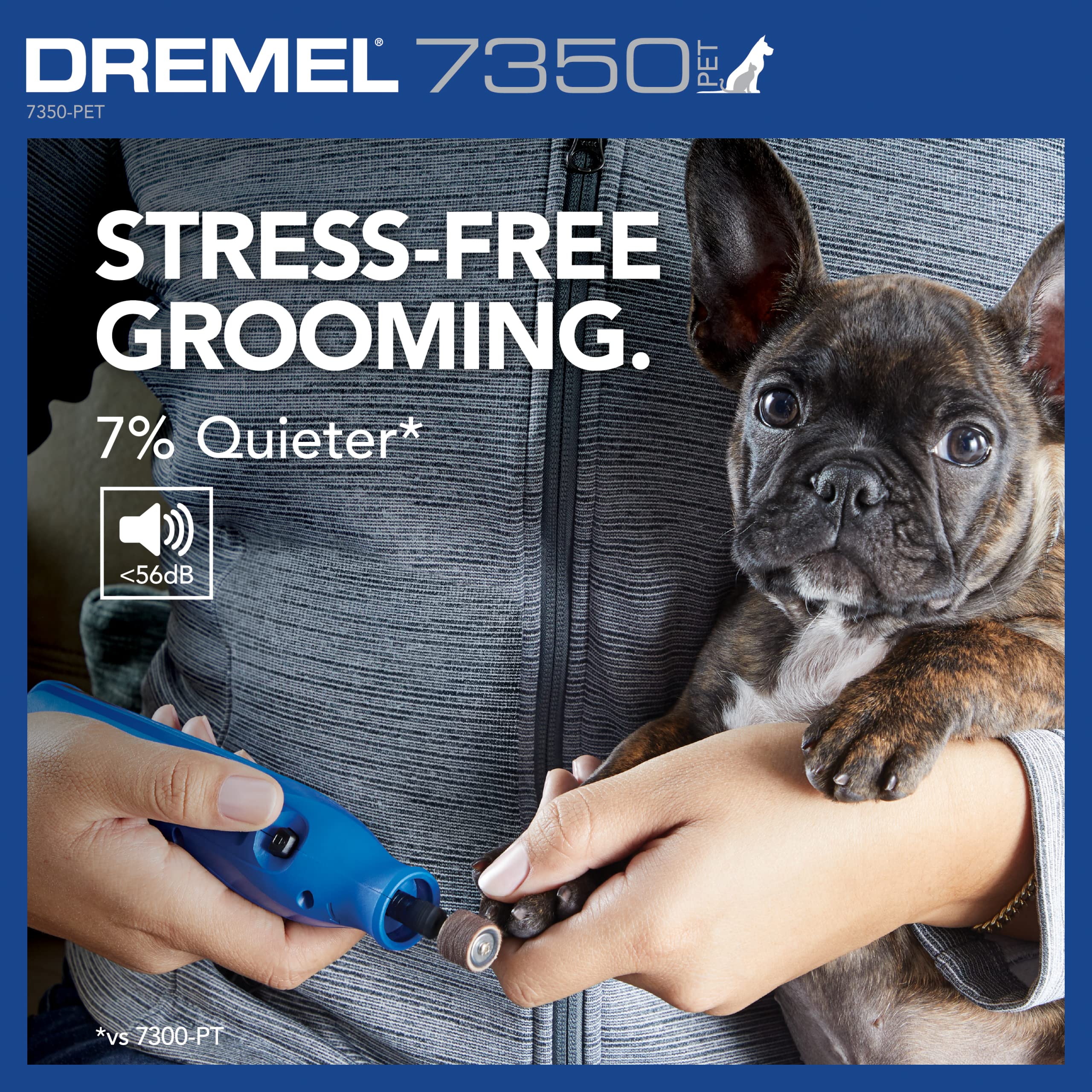 Dremel 7350-PET junto a pata de perro para referencia de tamaño