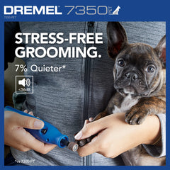 Dremel 7350-PET junto a pata de perro para referencia de tamaño