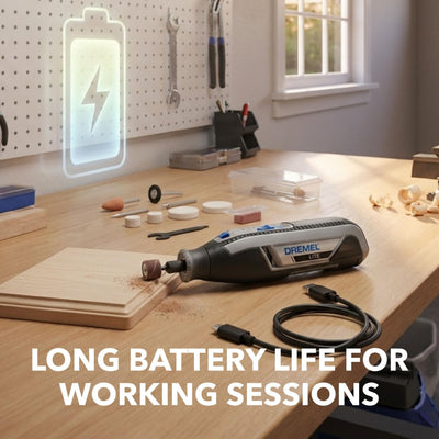 Dremel Lite accessory case open with ten accessories for immediate project starts