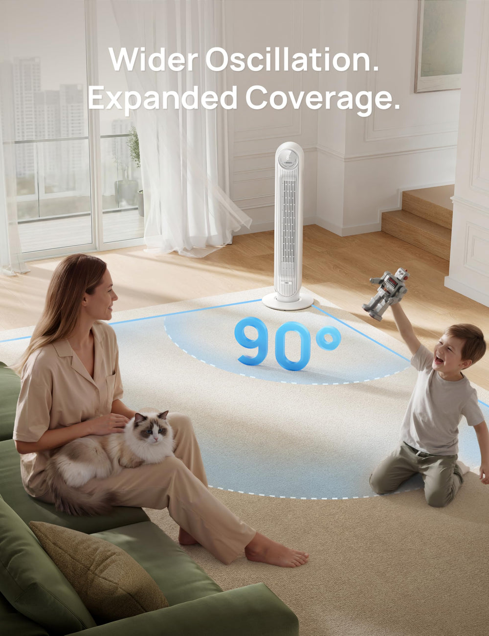 DREO ventilador en dormitorio proporcionando aire silencioso y confortable
