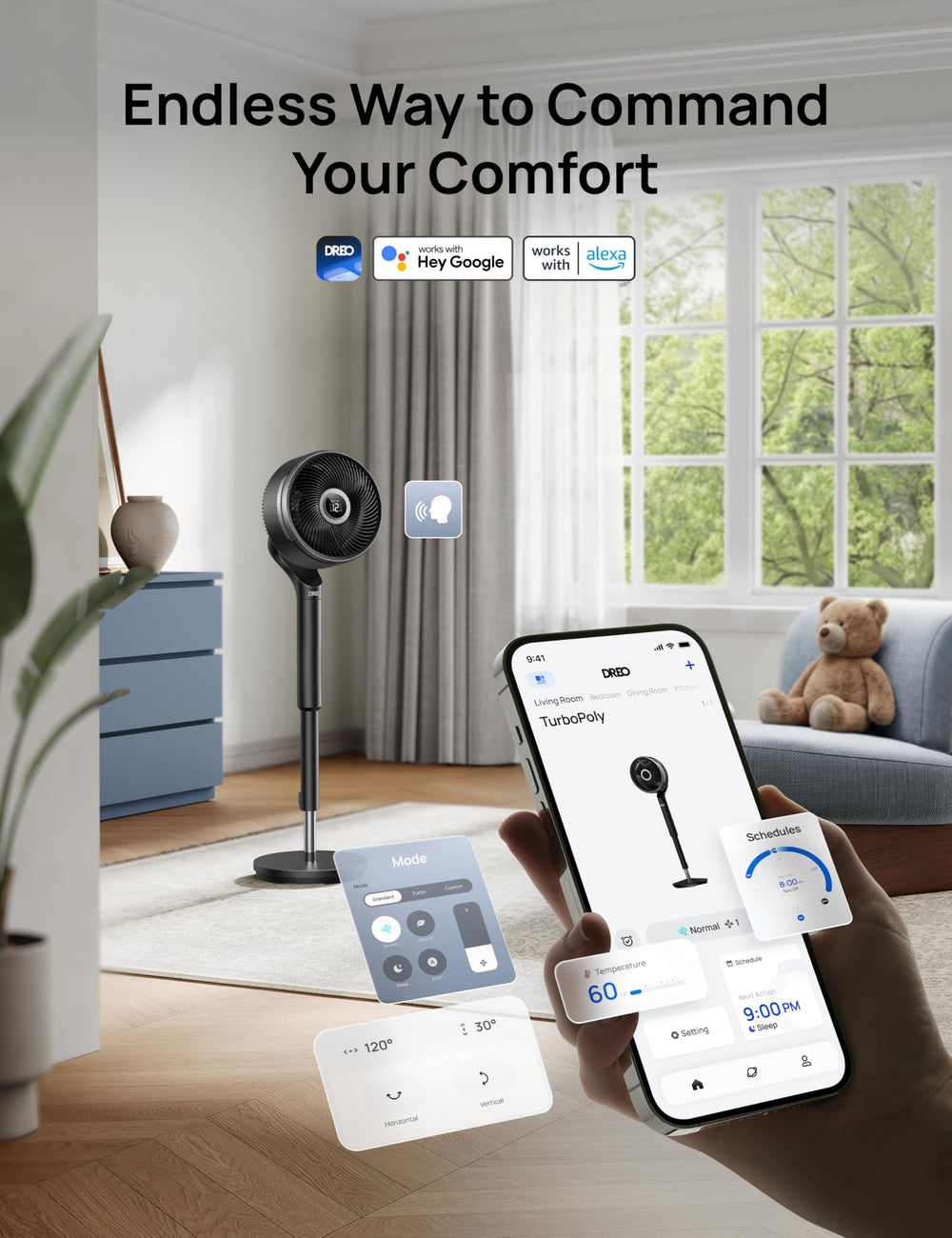 DREO ventilador al lado de un libro para comparar tamaño compacto