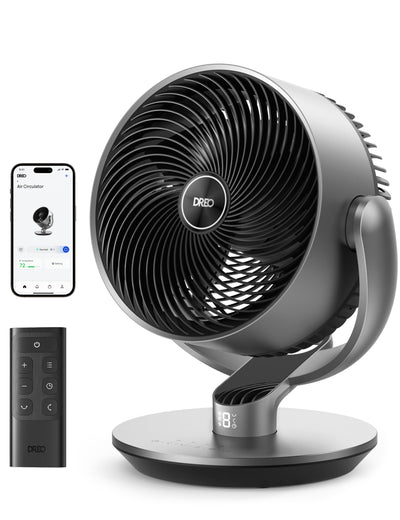 DREO front view showing compact smart fan and modern design for quiet cooling