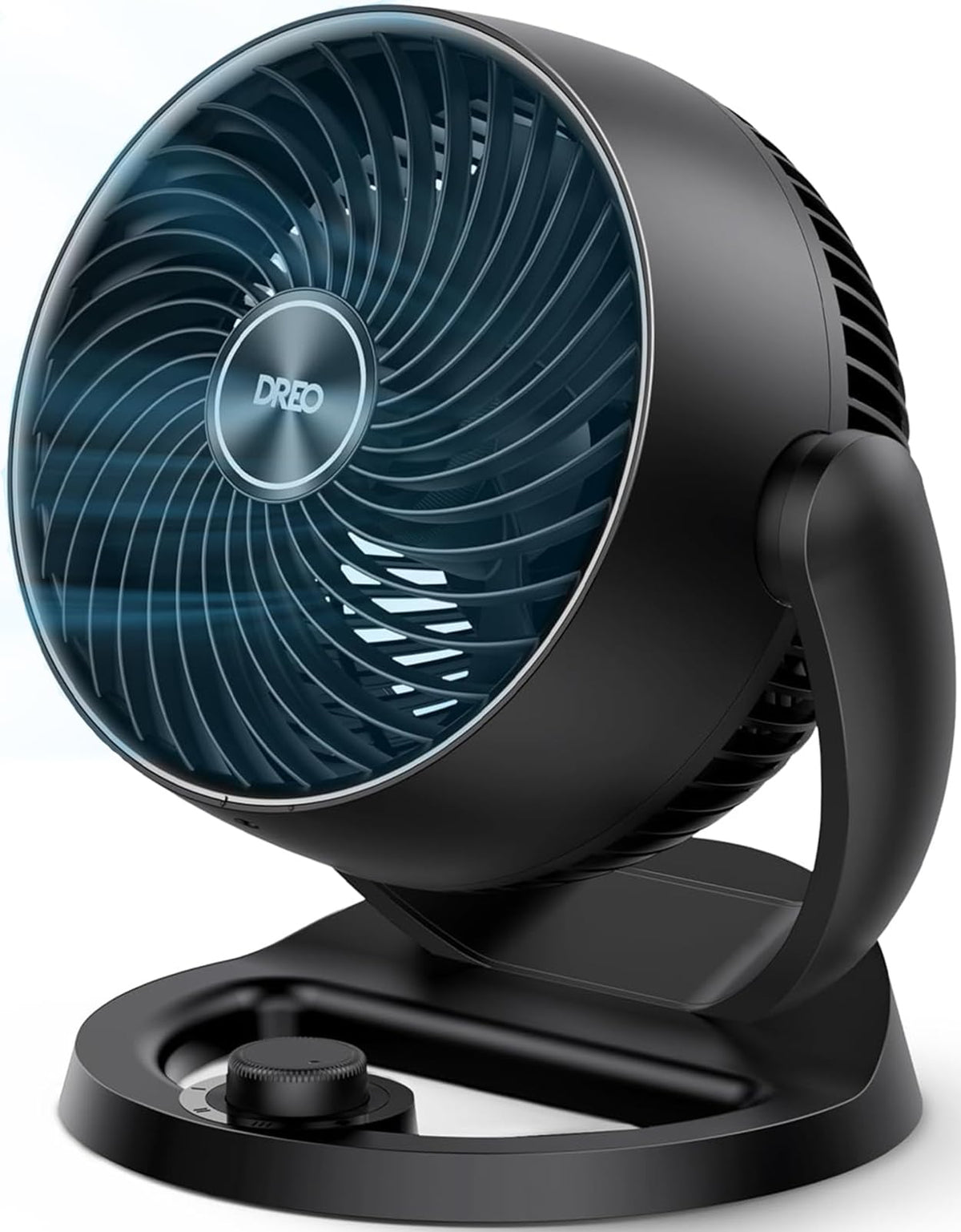 DREO vista frontal del ventilador de mesa mostrando rejilla y base, ventilación potente