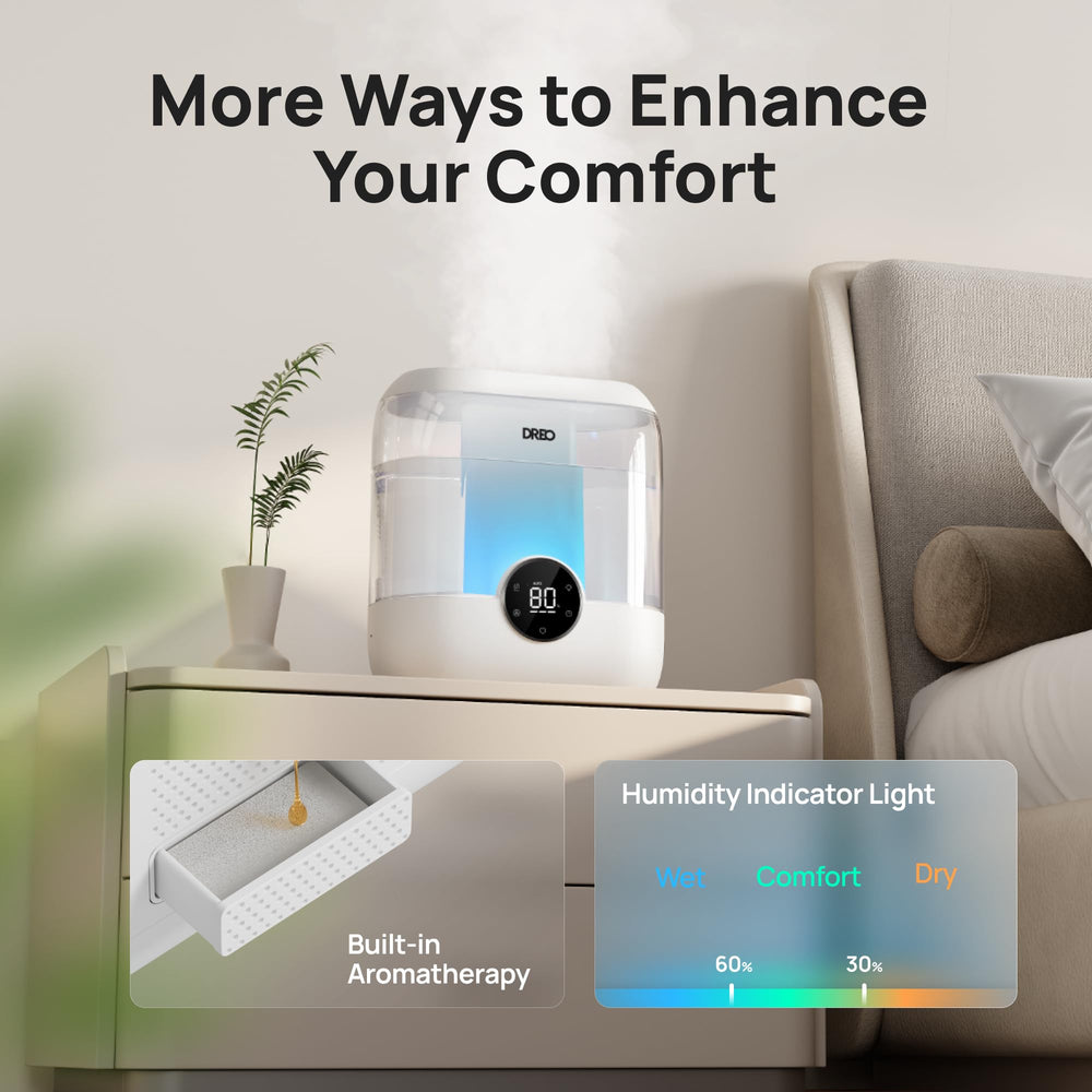 DREO humidifier in bedroom scene promoting quiet 28 dB sleep comfort