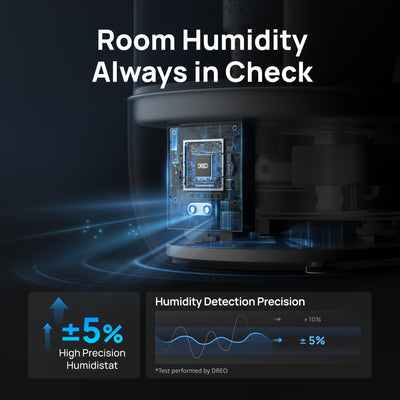 DREO humidifier next to hands to show 6L tank scale and long runtime benefit