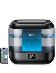 DREO humidificador frontal mostrando diseño compacto y beneficio silencioso