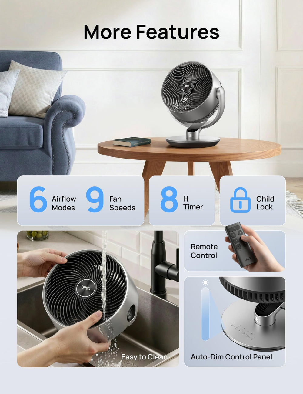 DREO in bedroom setting delivering quiet breeze for sleep and comfort