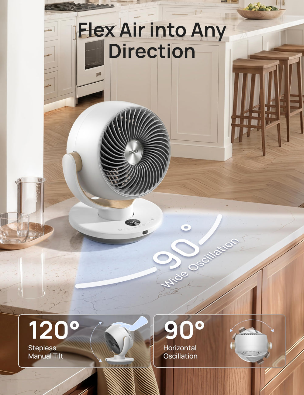 DREO remote and control panel showing easy adjustments and timer benefit
