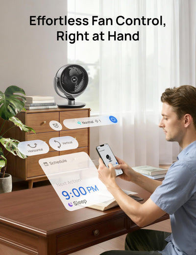 DREO fan next to a ruler indicating dimensions and portable scale