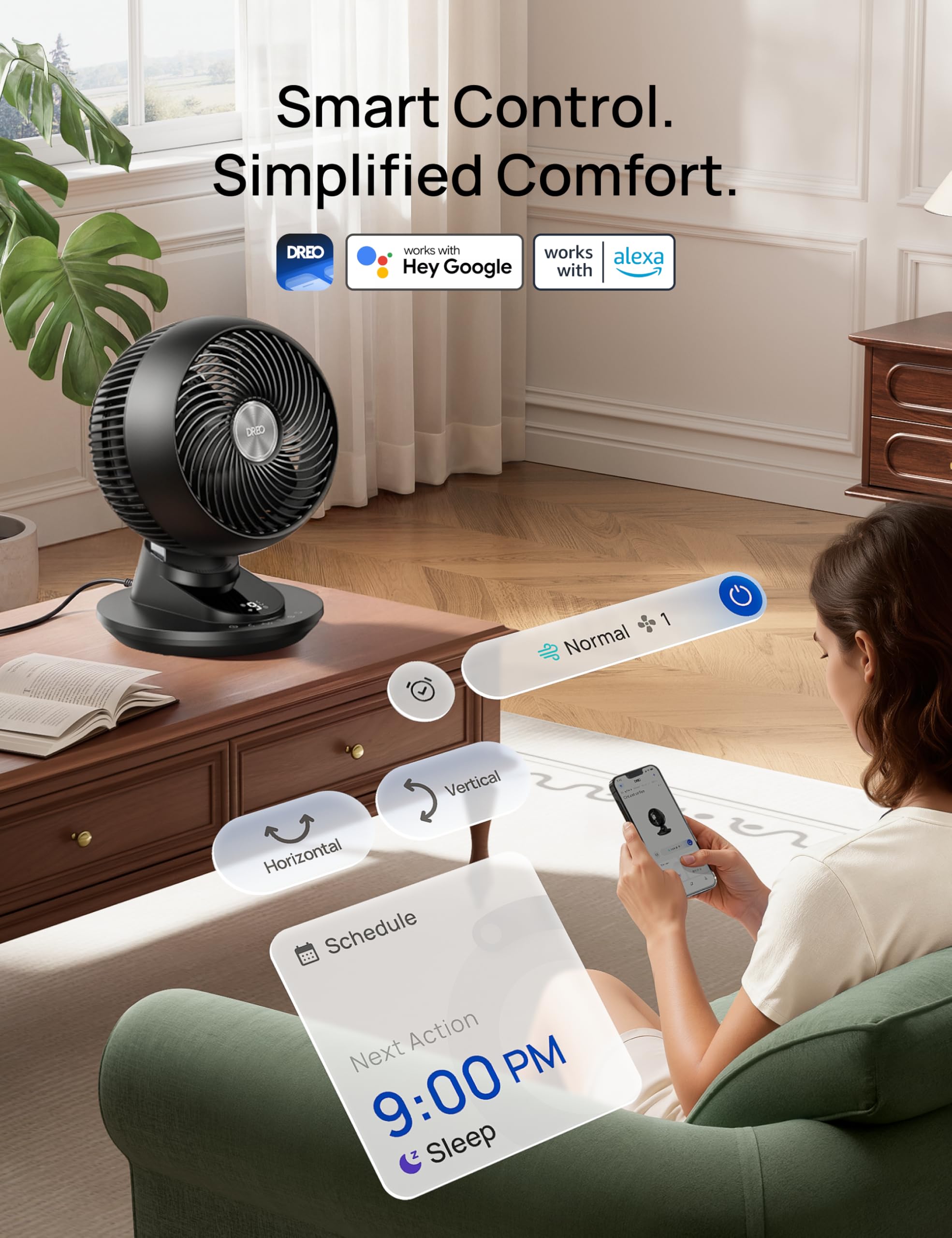DREO fan control panel with smartphone app showing remote convenience benefit