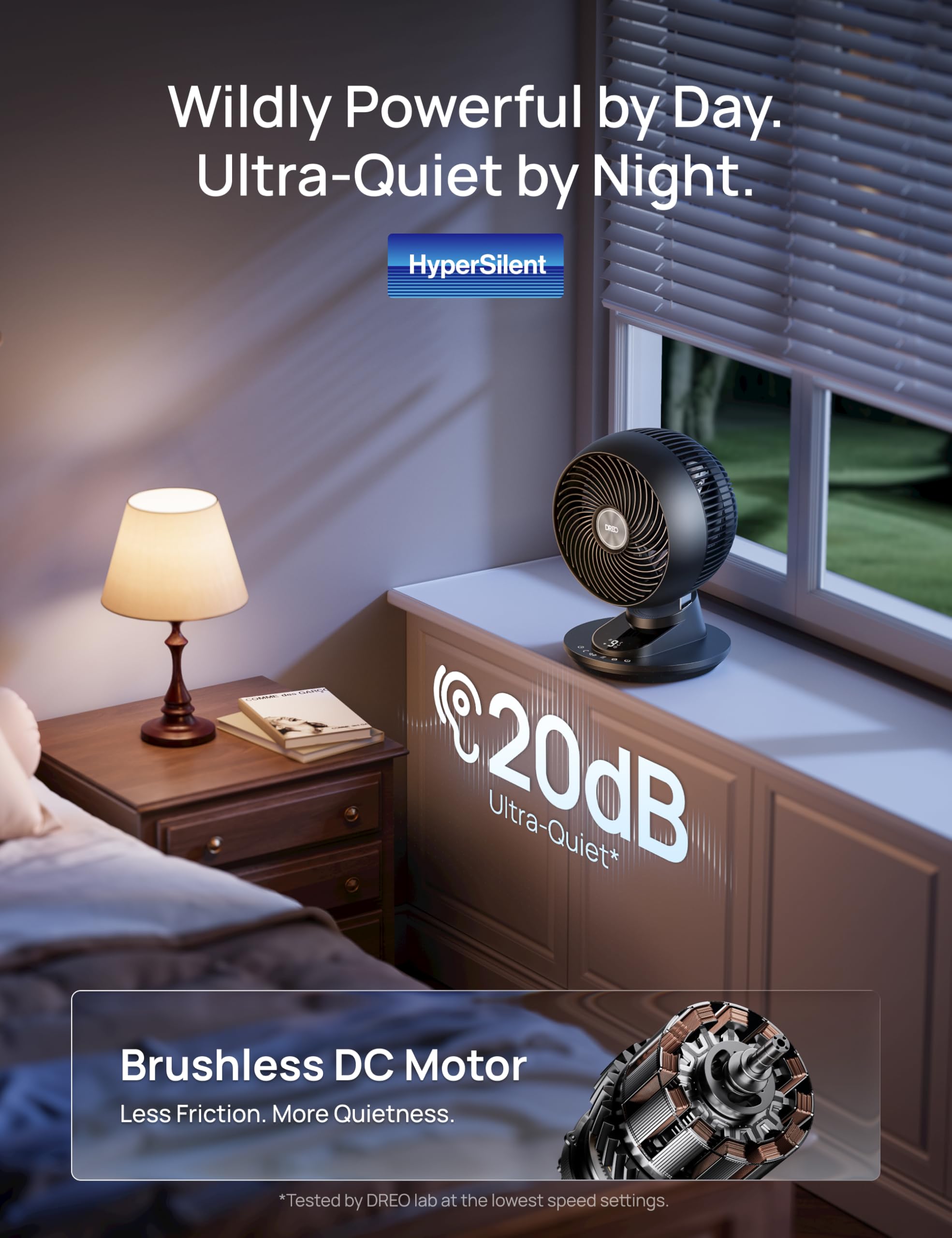 DREO fan next to notebook showing compact size and space-saving benefit