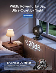 DREO fan next to notebook showing compact size and space-saving benefit