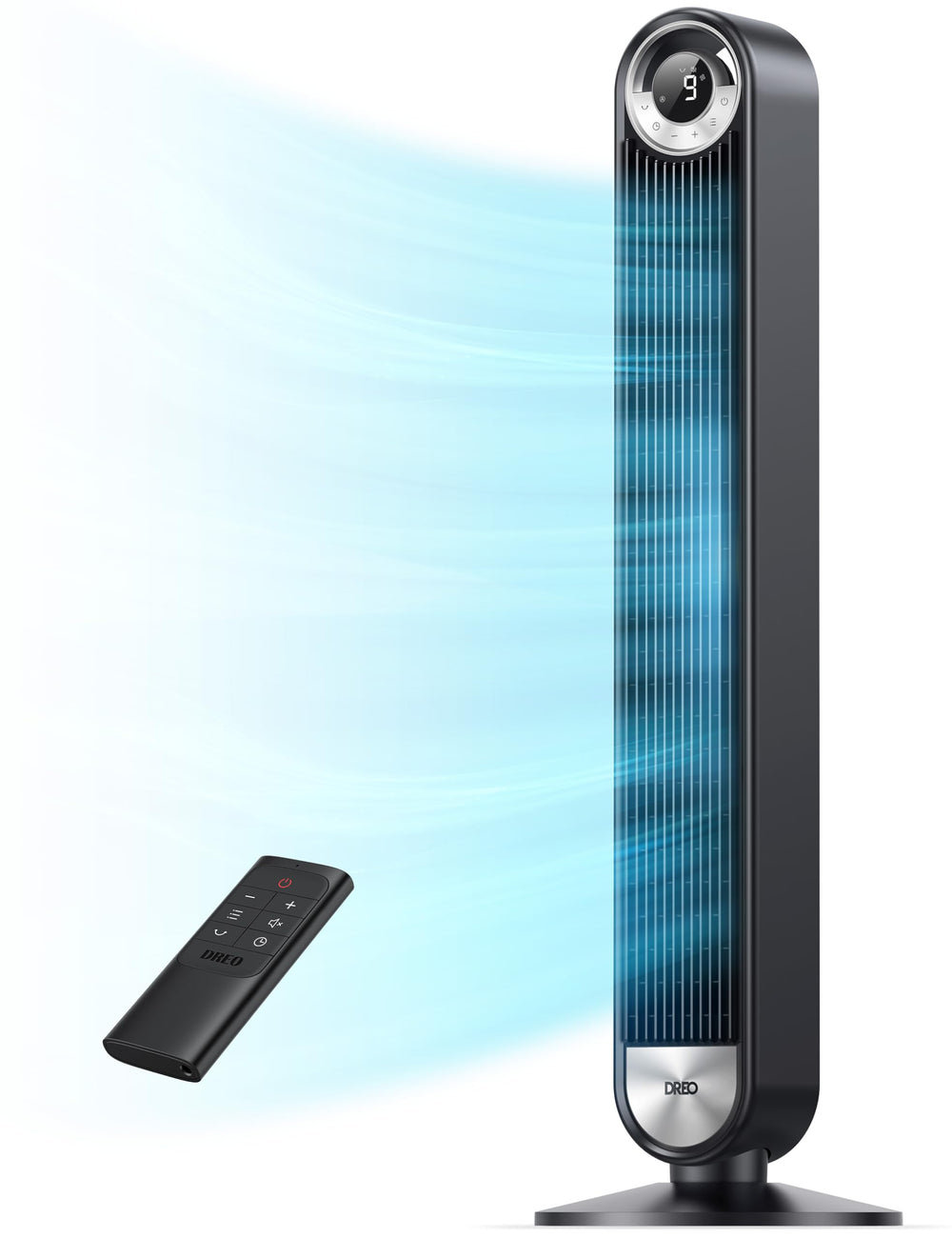 DREO vista frontal del ventilador mostrando diseño y potencia