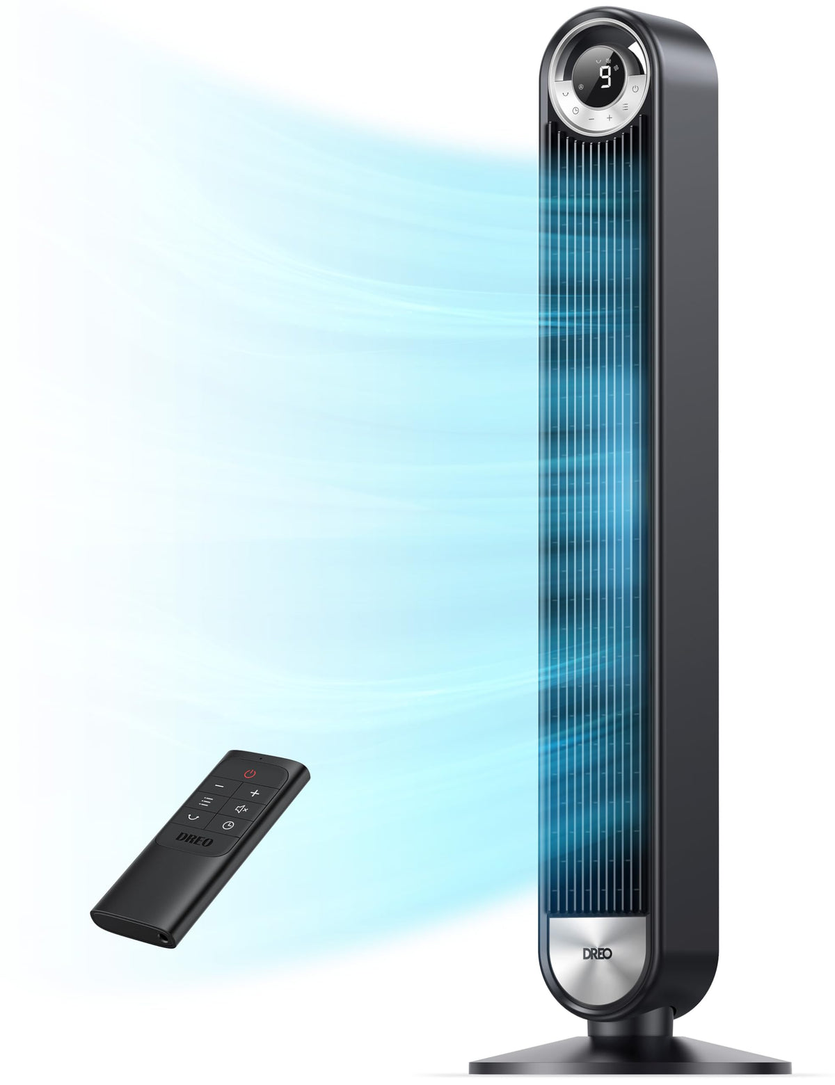 DREO vista frontal del ventilador mostrando diseño y potencia