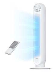 DREO ventilador de torre frontal mostrando diseño y ventilación potente