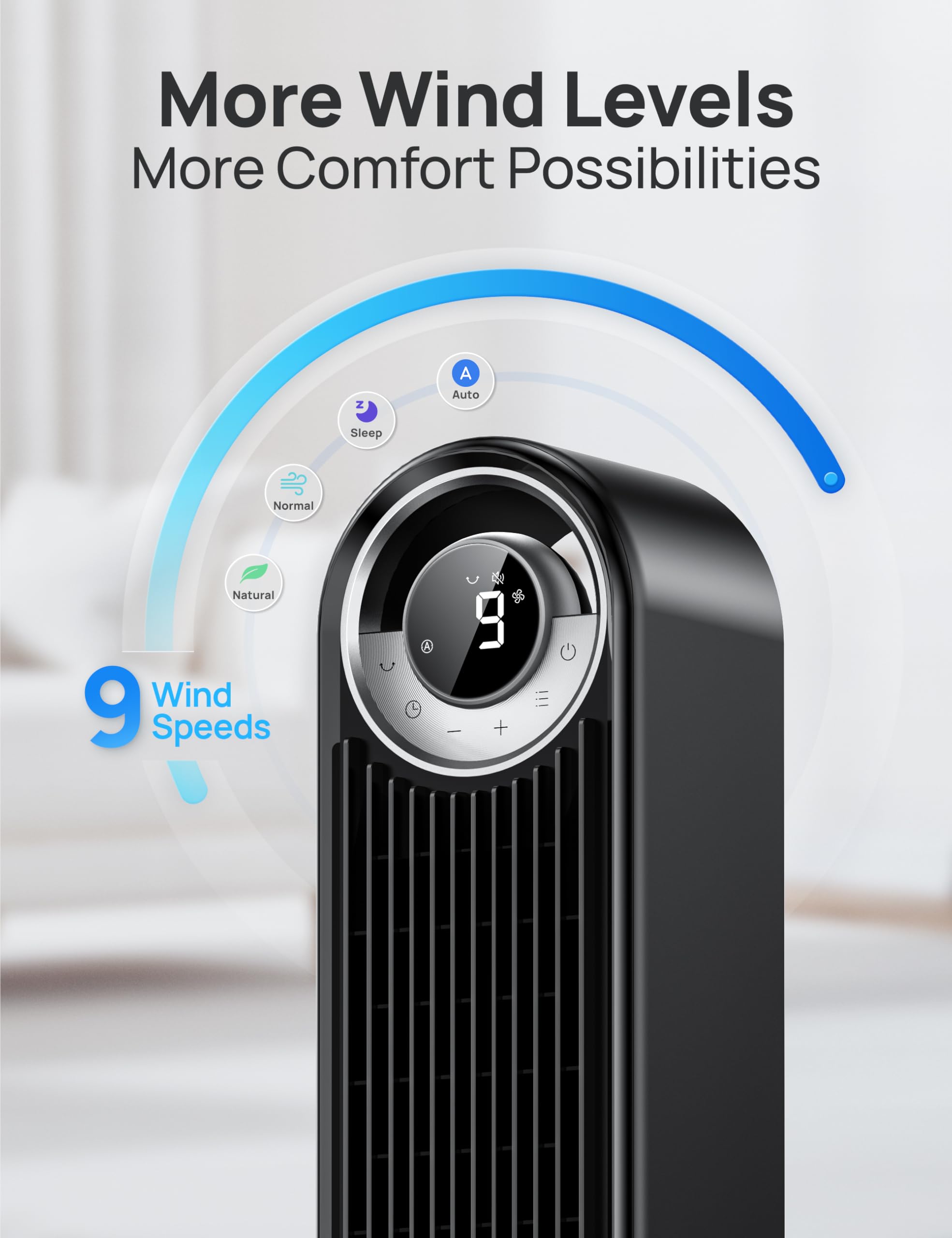 DREO ventilador oscilando en sala demostrando distribución de aire