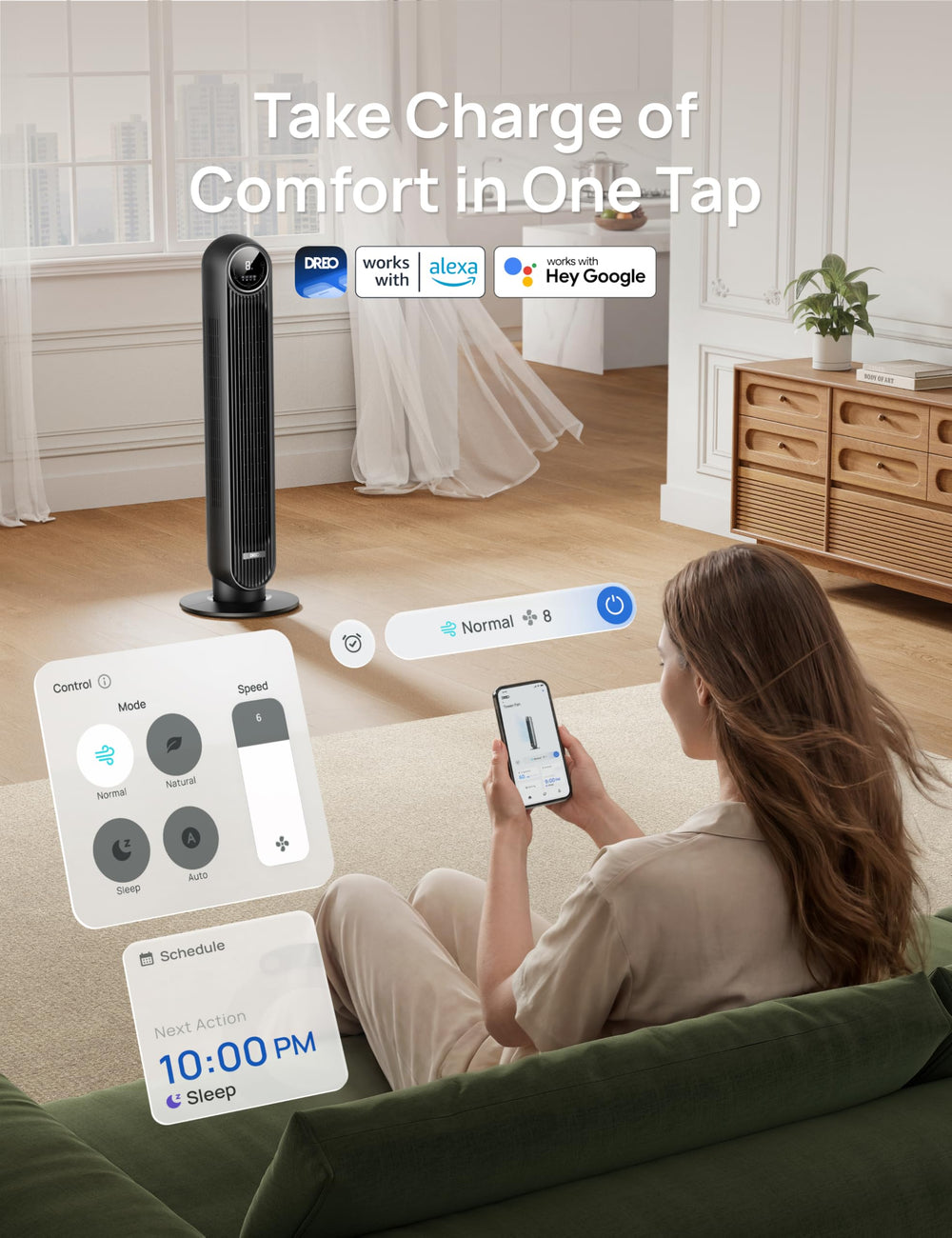 DREO tower fan in bedroom sleeping scene highlighting low-noise comfort