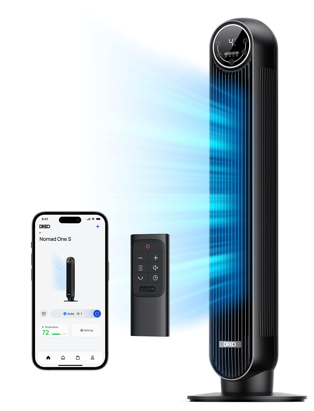 DREO tower fan front view showing sleek design and quiet performance