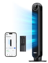 DREO tower fan front view showing sleek design and quiet performance