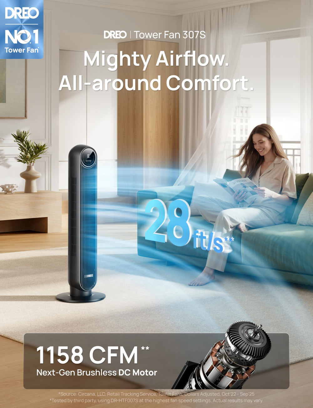 DREO tower fan side view demonstrating wide 90° oscillation and coverage