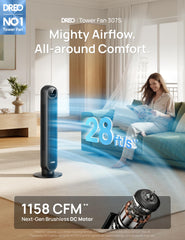 DREO tower fan side view demonstrating wide 90° oscillation and coverage