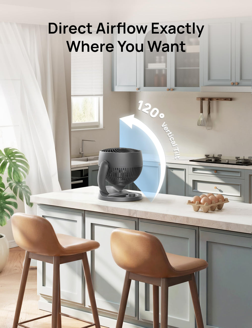 DREO ventilador inclinado demostrando ajuste de 120 grados