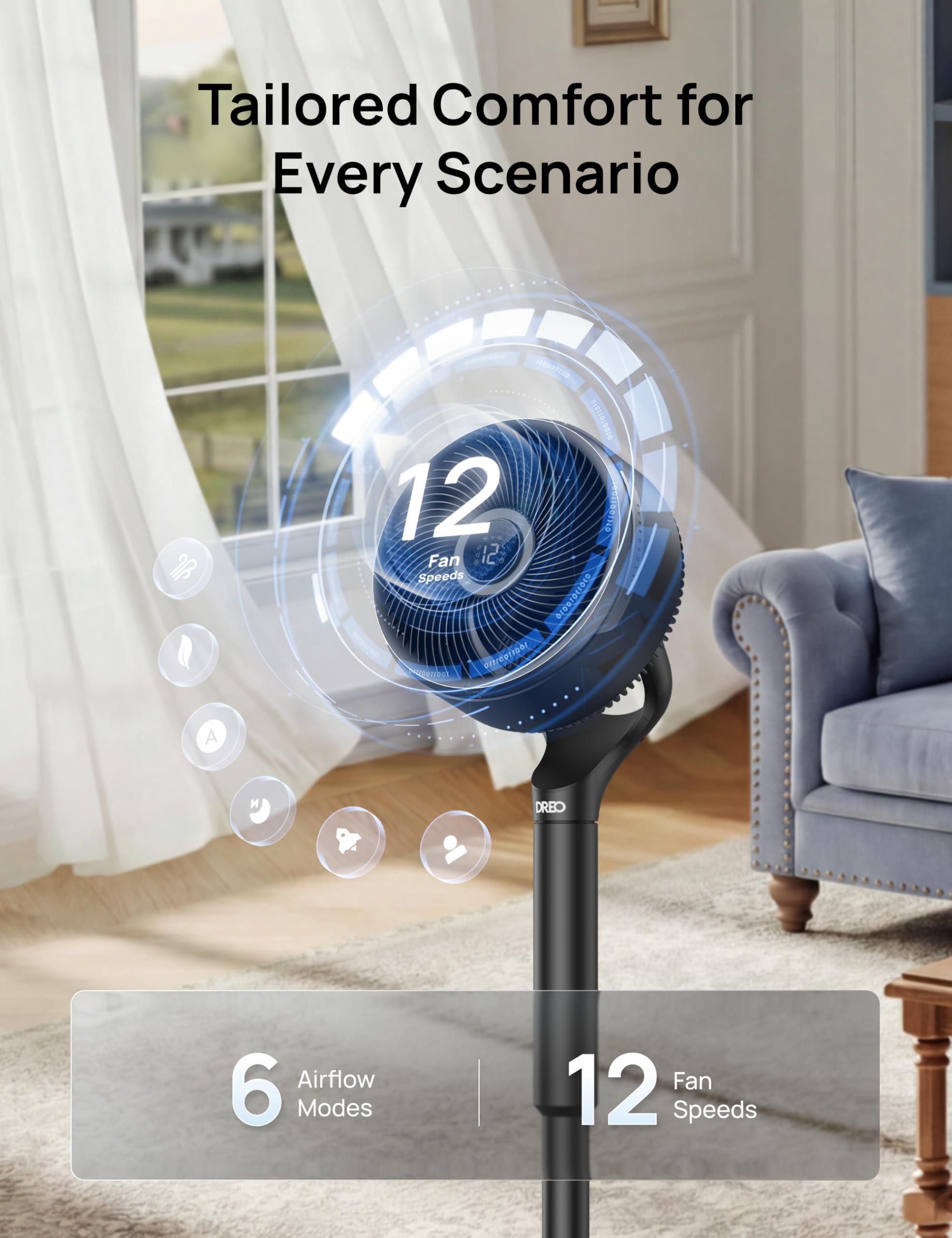 DREO ventilador en modo noche demostrando funcionamiento silencioso