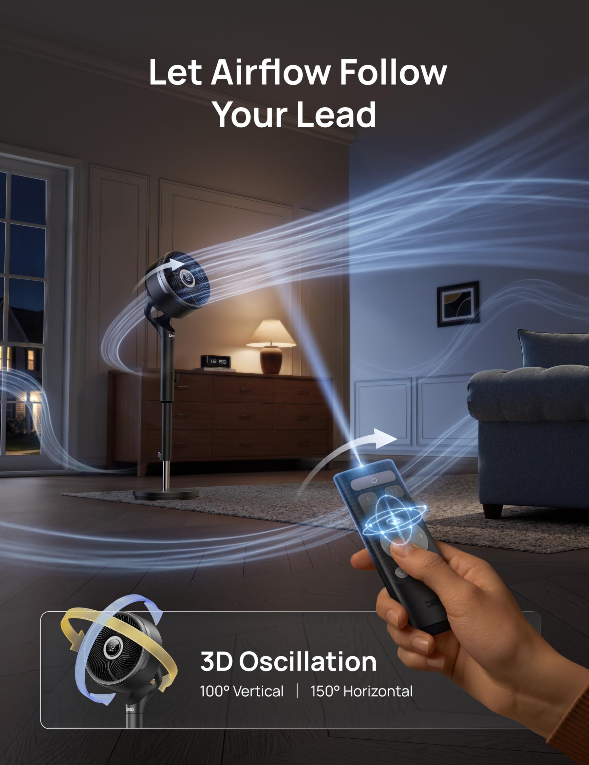 DREO ventilador en sobremesa sobre escritorio, ahorro de espacio