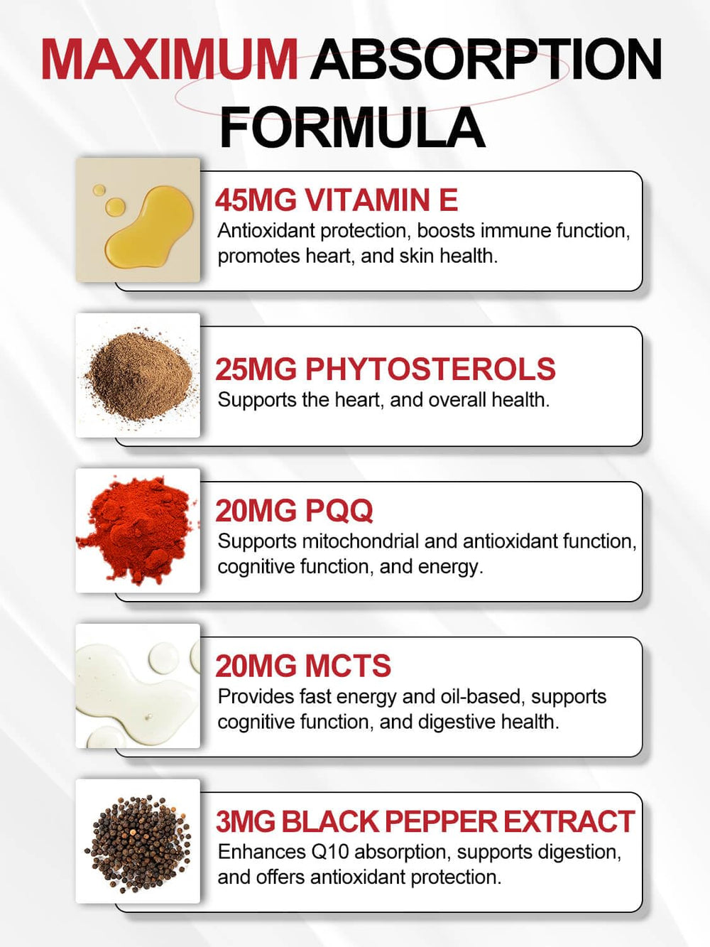 DRFOSTER primer plano de ingredientes clave como PQQ y esteroles vegetales