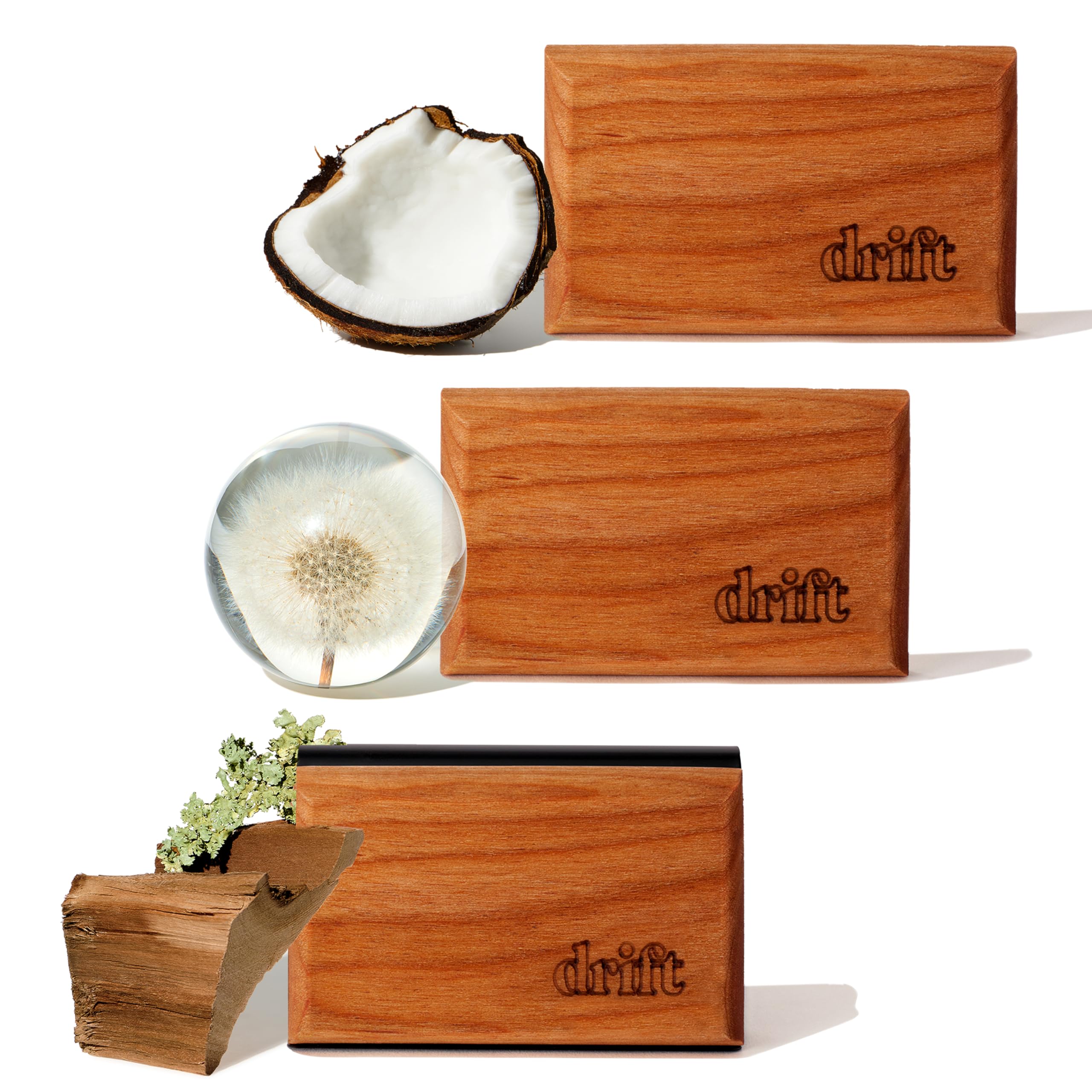 Drift ambientador de madera frontal mostrando diseño y clip metálico, frescura duradera