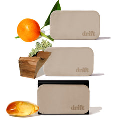 drift front packaging showing three sealed stone scent blocks and clip, highlights freshness