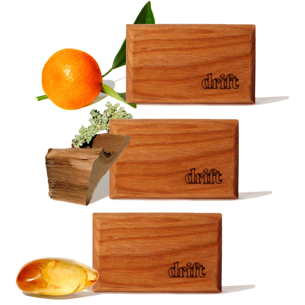 drift front packaging showing teak wood scent blocks and refill convenience
