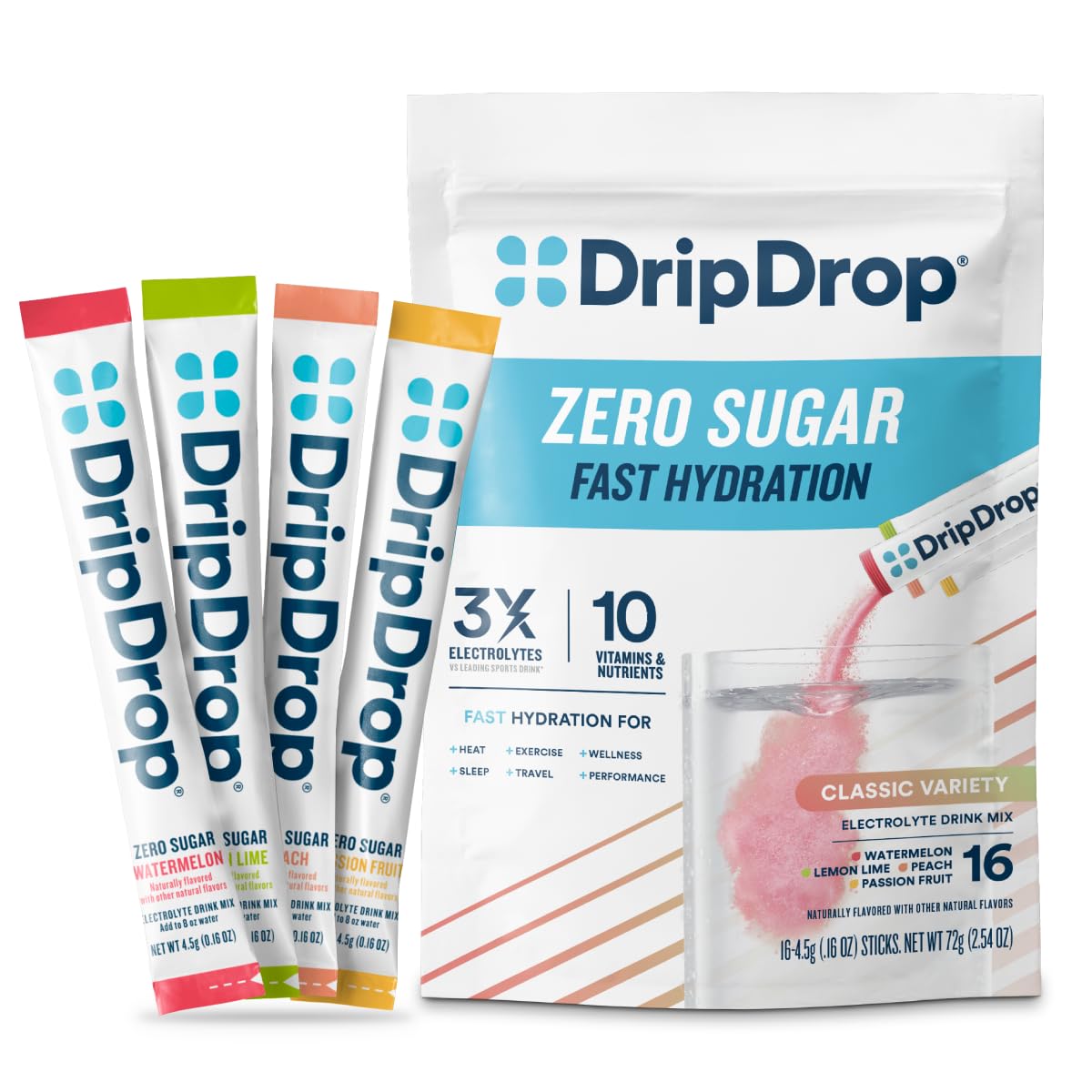 DripDrop frontal del empaque mostrando variedad y conveniencia