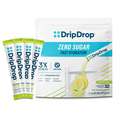 DripDrop front packaging showing 32 lemon lime packets for quick hydration