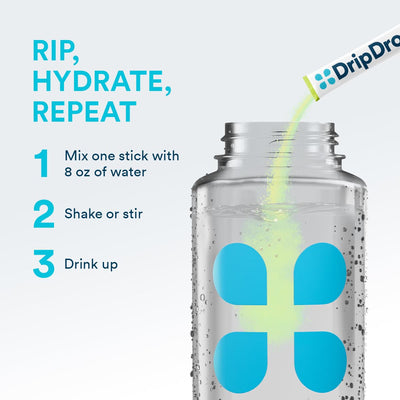 DripDrop pack beside a water bottle showing 32-count size and portability